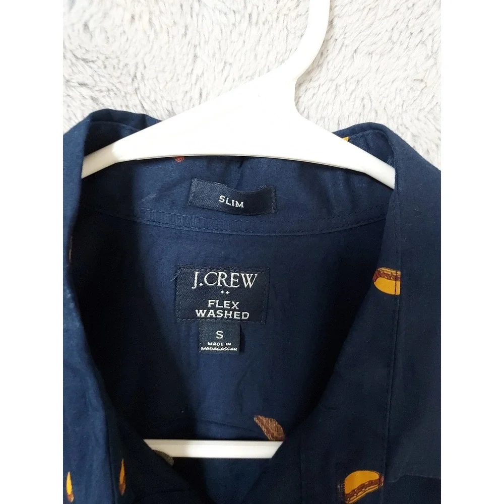 J Crew Shirt Mens Small Slim Flex Washed Hot Dog Print Short Sleeve Blue Novelty